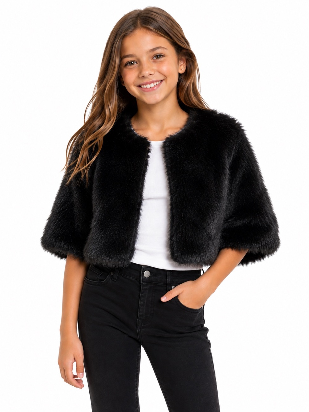 Kids Black Faux Fur Jacket Furry Coat